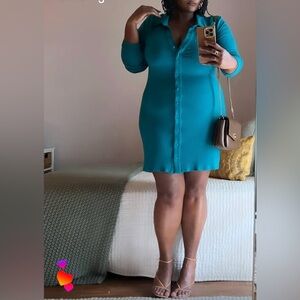 Teal Pleated Mini Dress - Ruffle Collar - XL